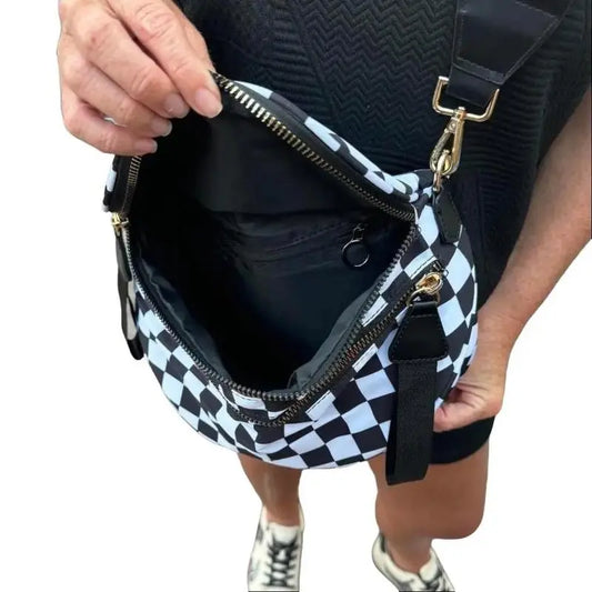 Black and White Checkered Nylon Bum Bag Plus Size Friendly Fanny Pack - Spacious Design for Essentials - MORE COLORS! great gift belt bags crossbody