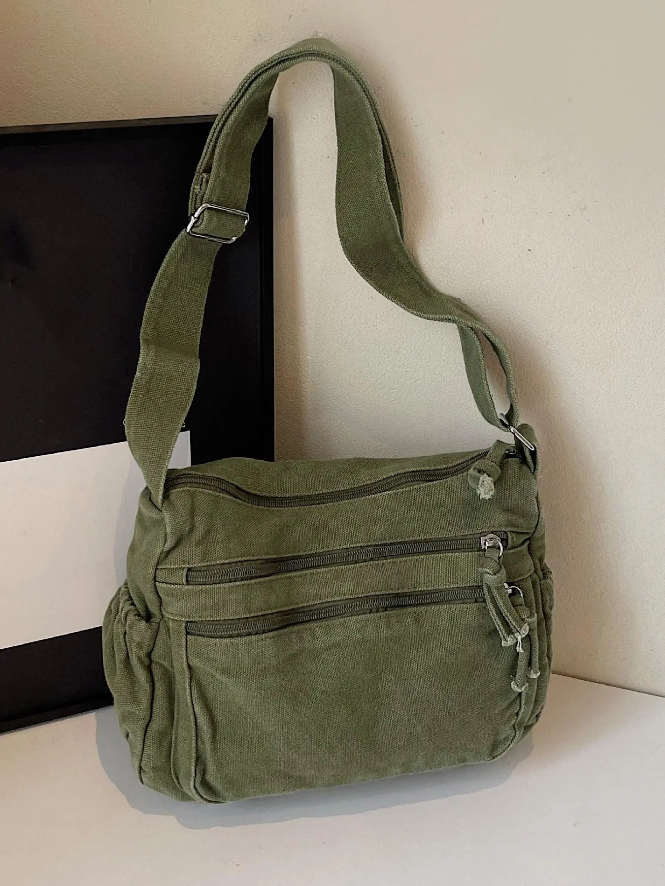 Ladies' solid color retro multi pocket canvas crossbody bag, fashionable and simple daily commuting easy to match with shoulder bag, Casual Commuter Bag, Multi Compartment Bag, Trendy Commuting Bag, Crossbody Shoulder Bags